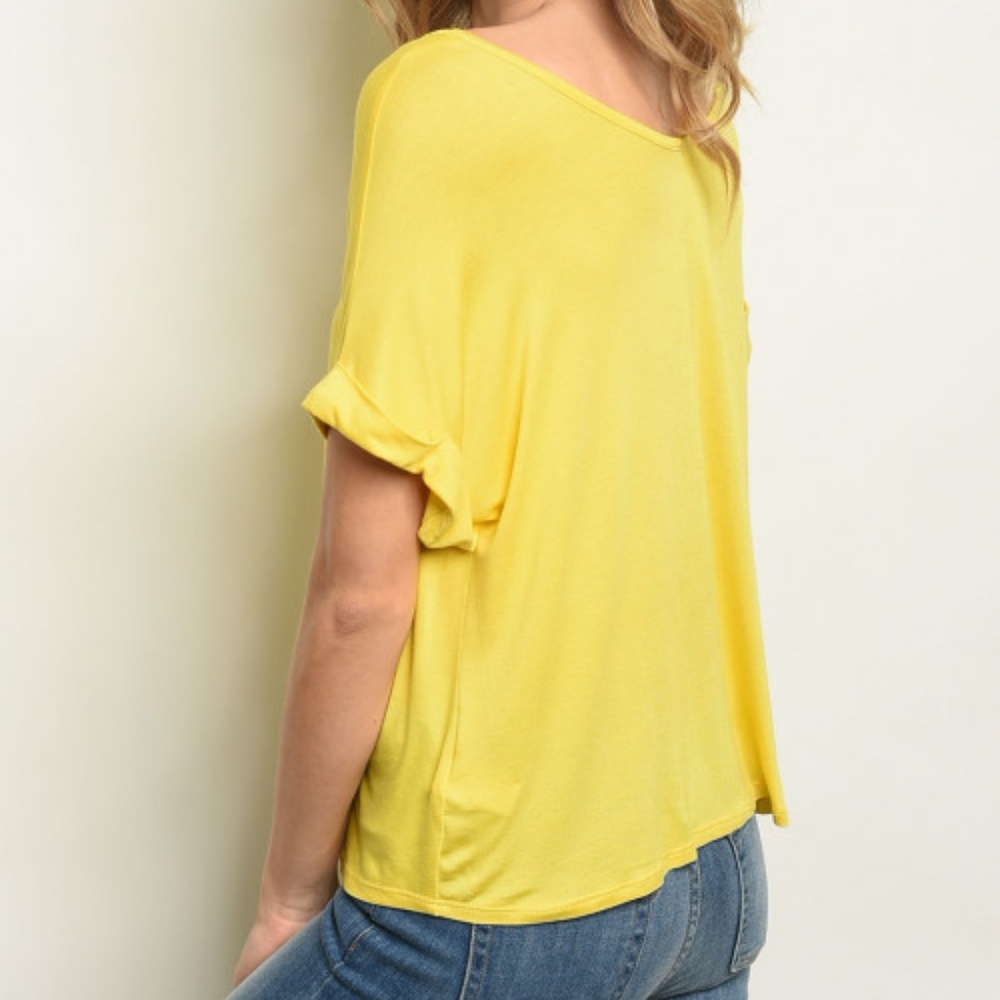 YELLOW V NECK TIE KNOT TIE FRONT TOP - Picture 2 of 4